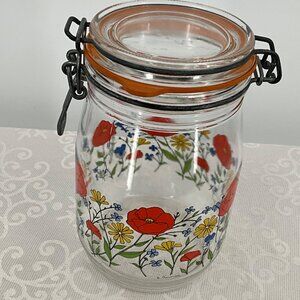 Glass Jar With Floral Design with metal clasp & Orange Seal Lid
